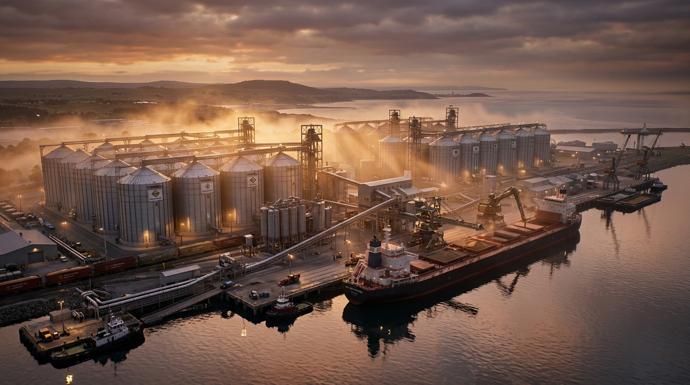 3D CGI agricultural grain terminal and deepwater port facility